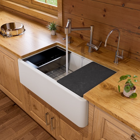 Alfi Brand White 33 inch Granite Composite Single Bowl Drop In Farm Sink with Accessories AB33FARM-W
